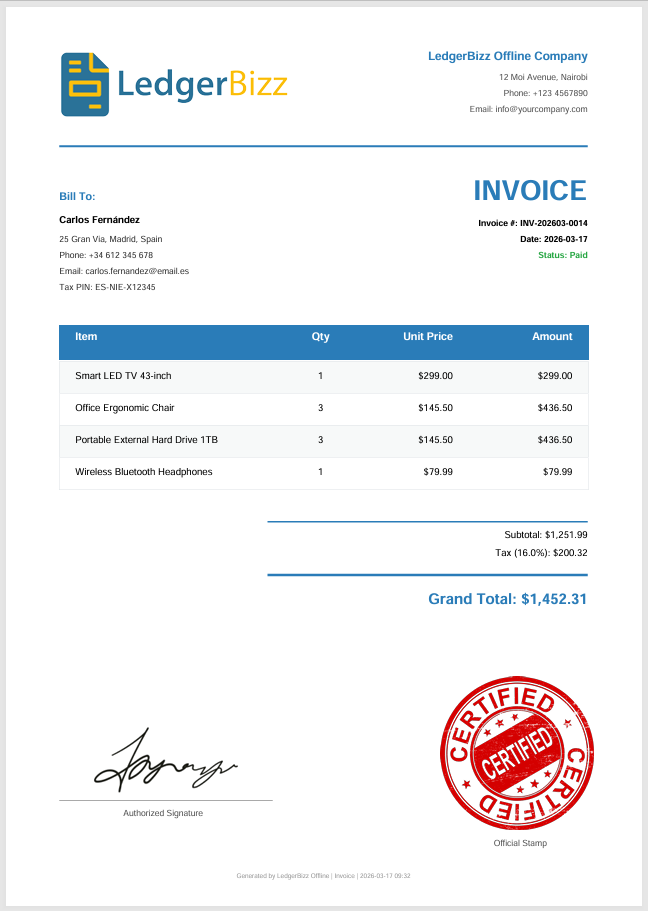 LedgerBizz Pro Dashboard showing invoice creation interface
