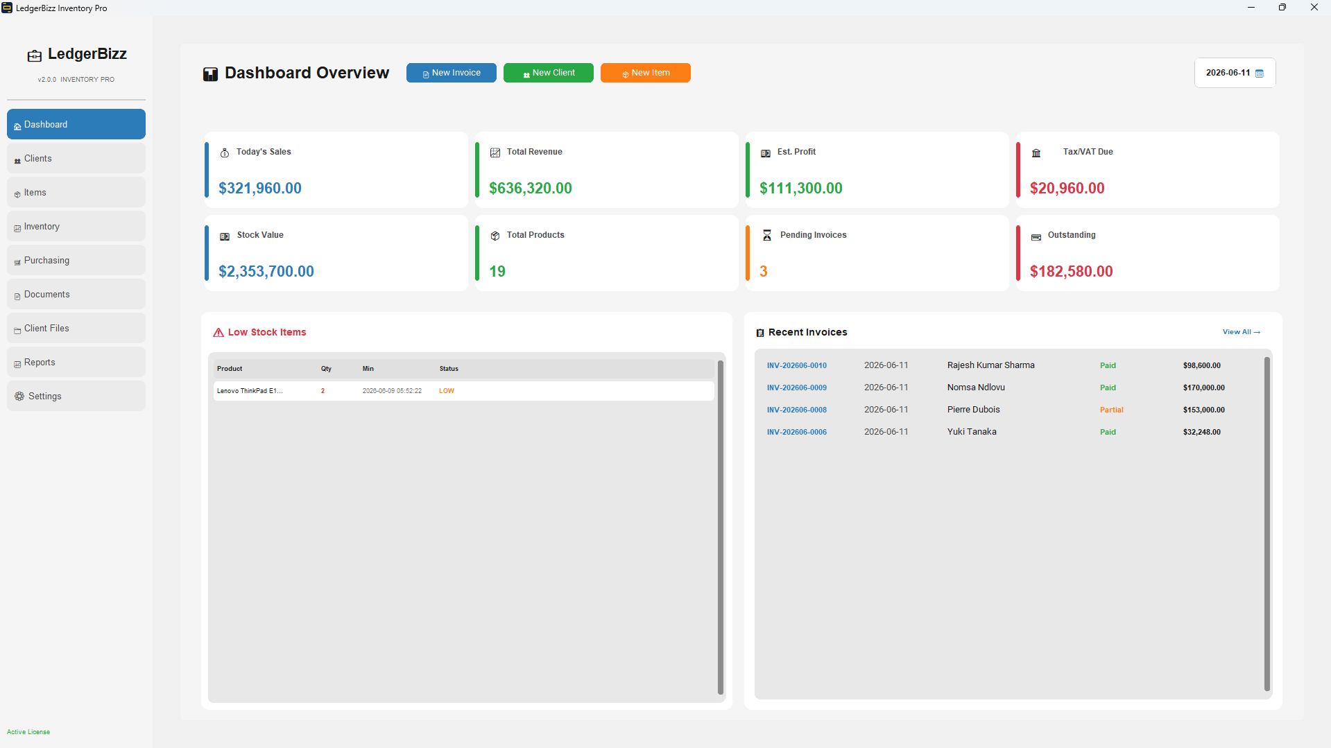 LedgerBizz Dashboard showing KPIs, recent invoices, and low stock alerts