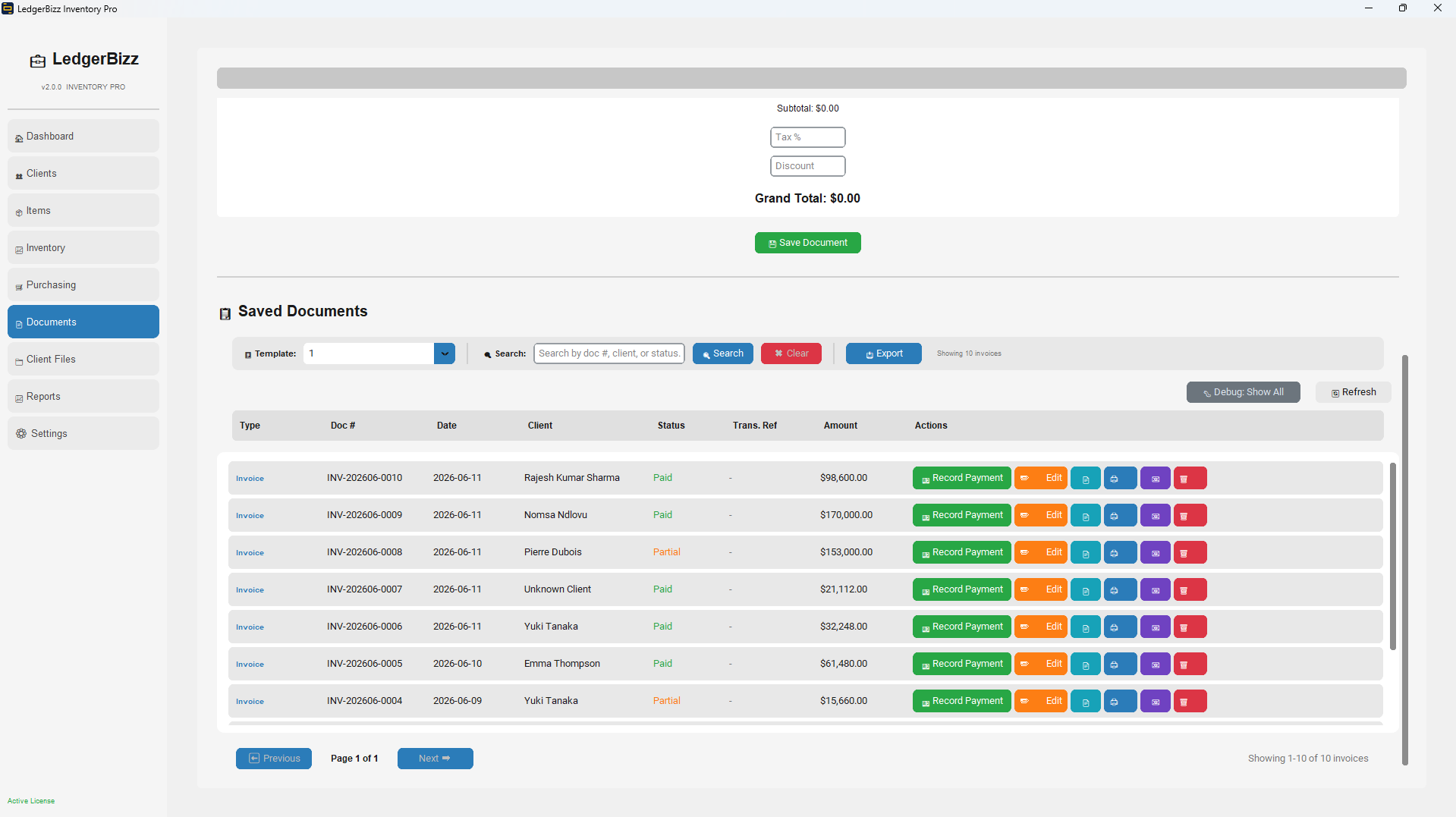 LedgerBizz Invoice creation with item selection and calculations