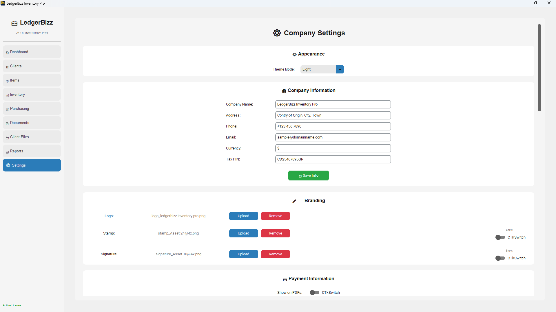 LedgerBizz Settings page with company info and backup options