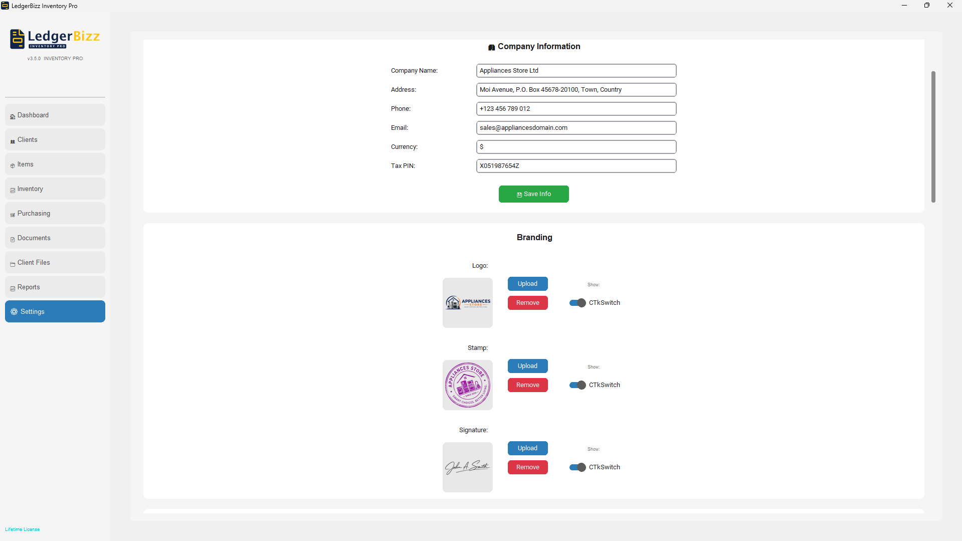 LedgerBizz Settings - Branding, SMTP, and automated backups