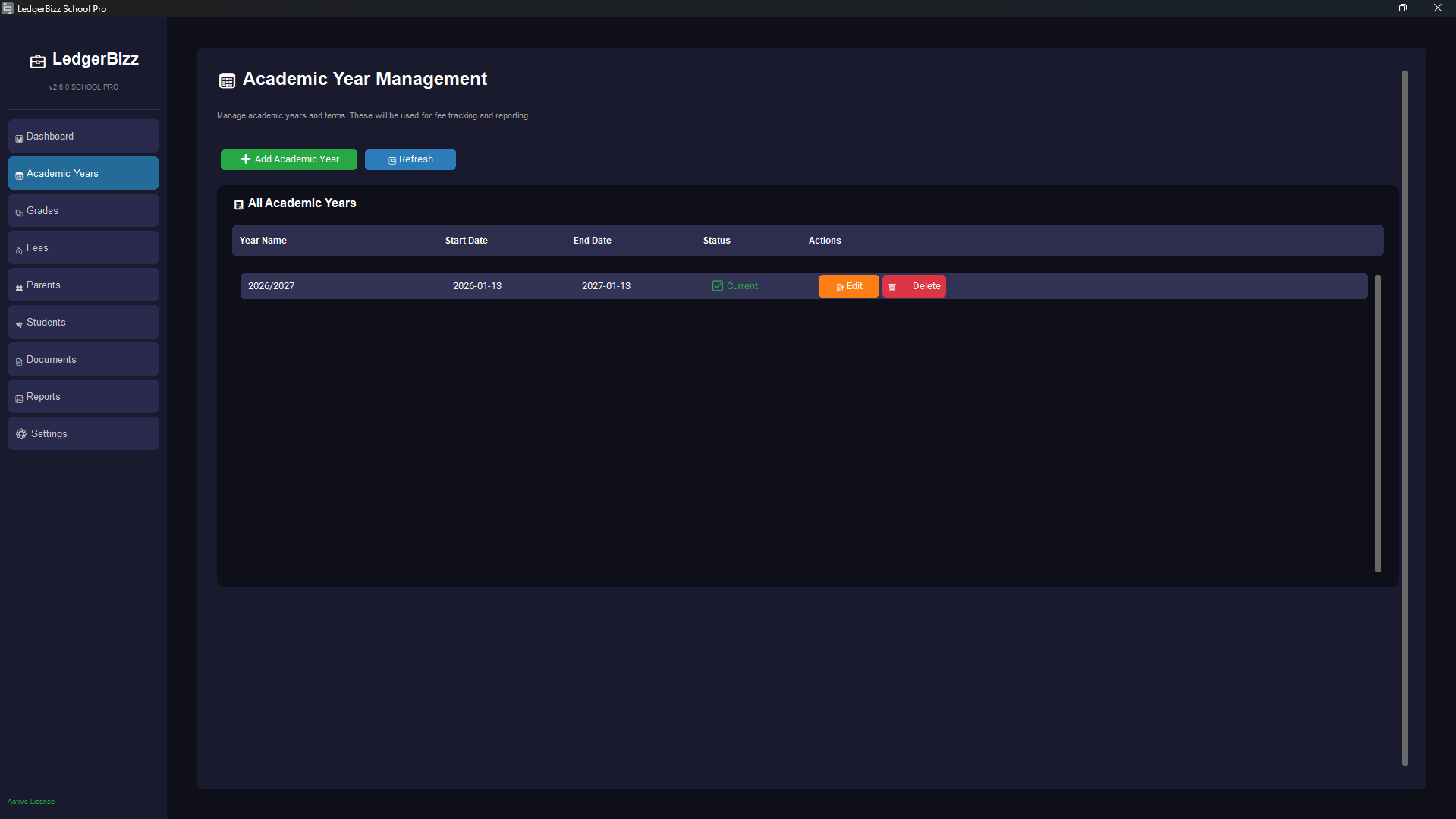 LedgerBizz Academic Years Management - Structure your school calendar. 