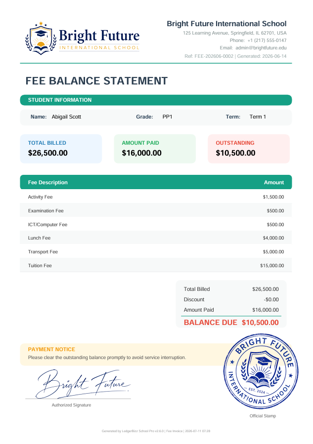 LedgerBizz School Pro Dashboard - Professional fee management interface with student records, payment tracking, and financial reports
