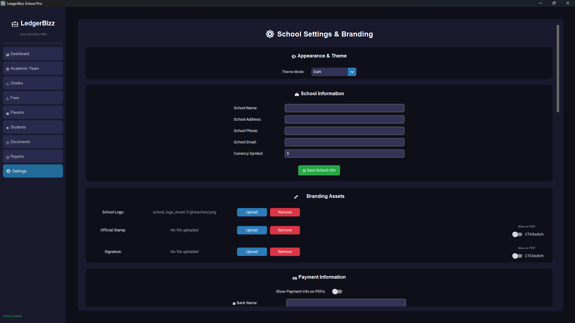 LedgerBizz System Settings - Customize school and fee structures