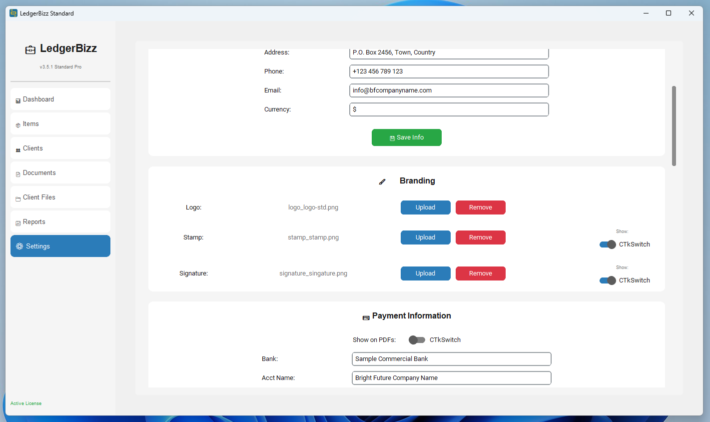 Settings with backup and license