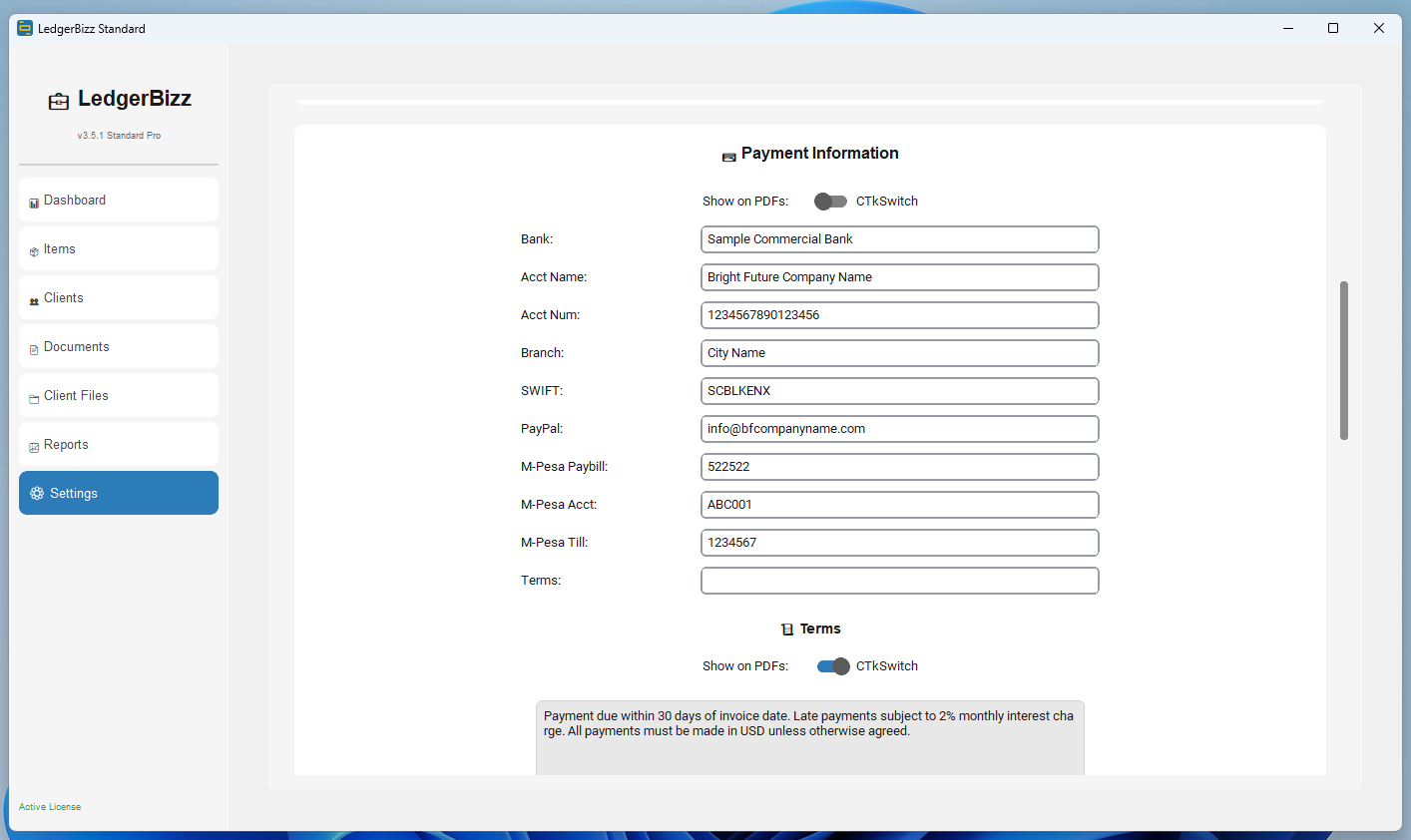 Settings with backup and license
