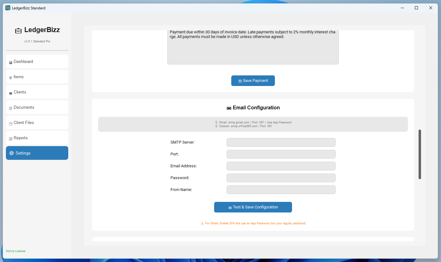Settings with backup and license