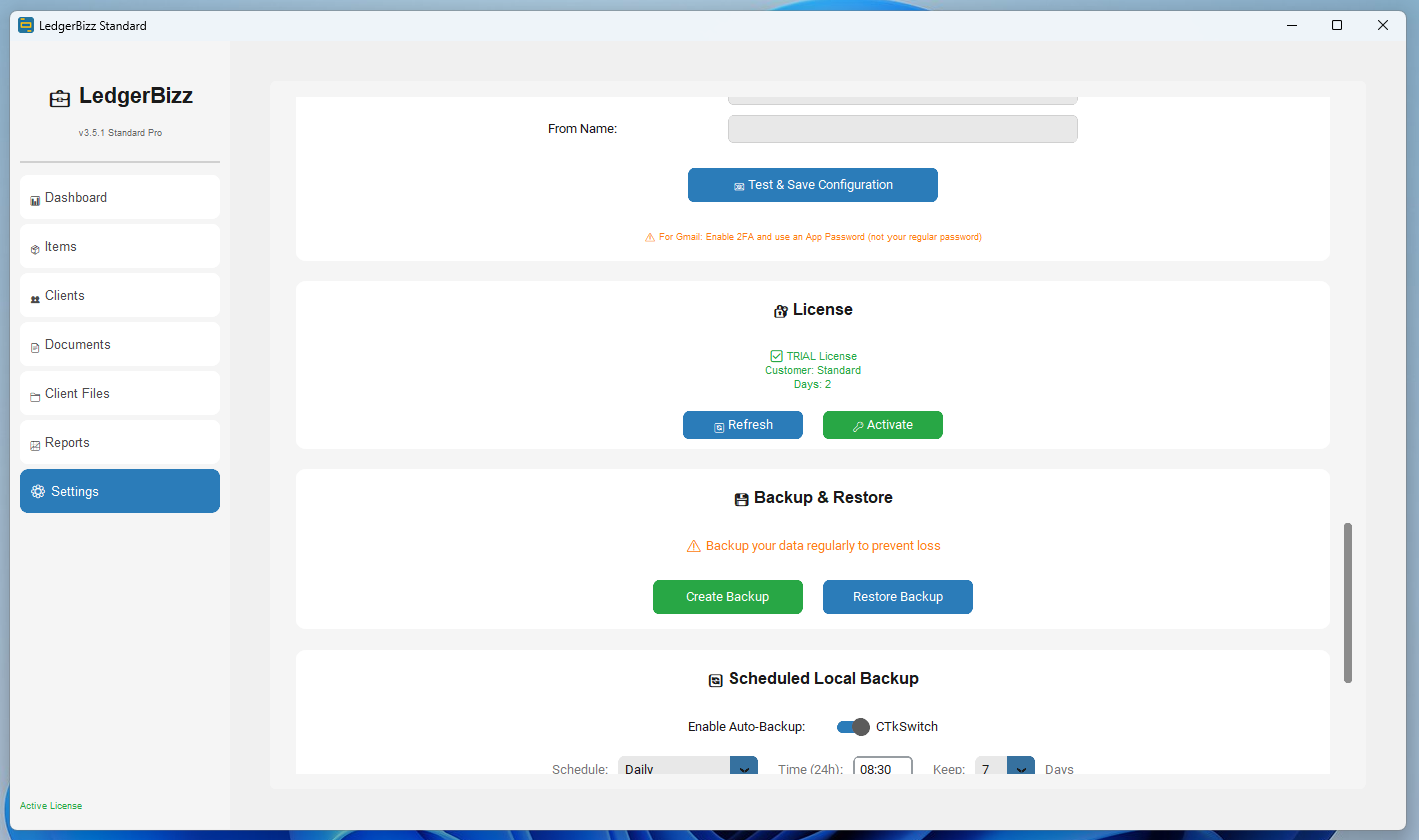 Settings with backup and license