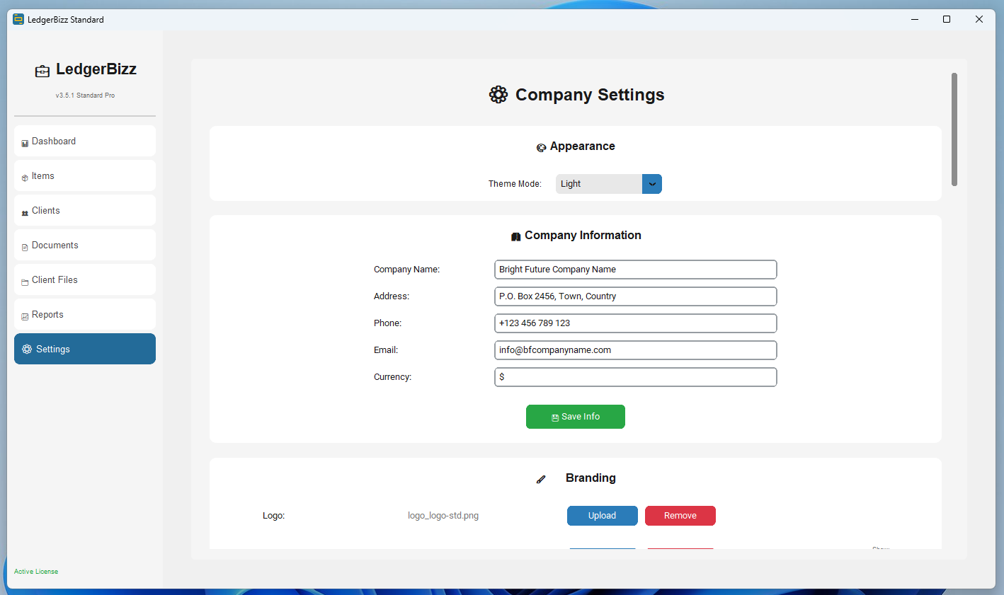 Settings with backup and license