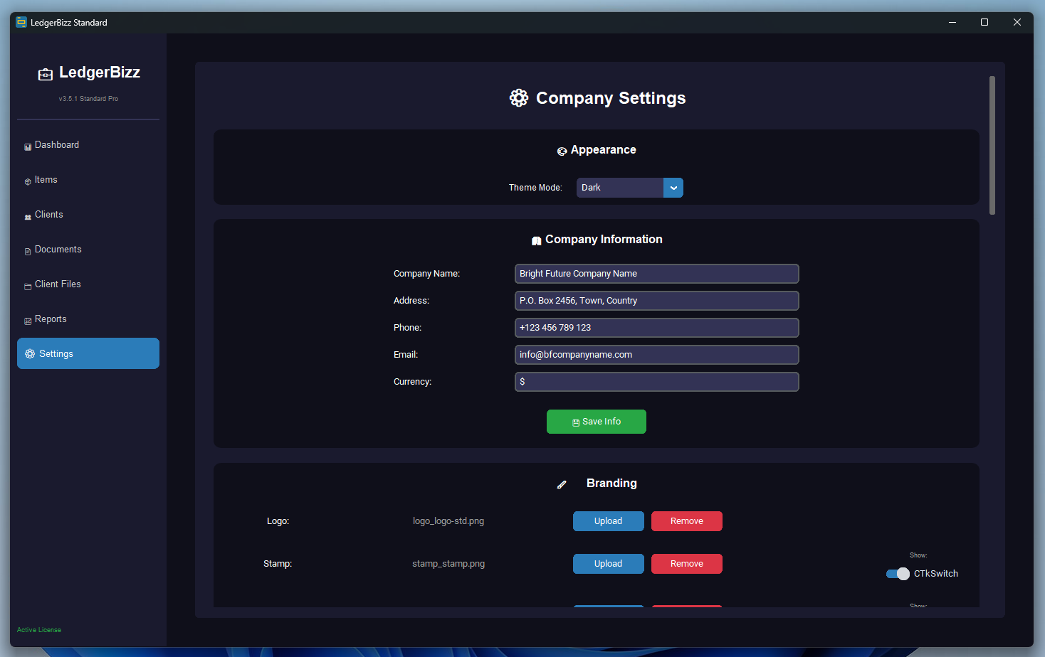 Settings with backup and license