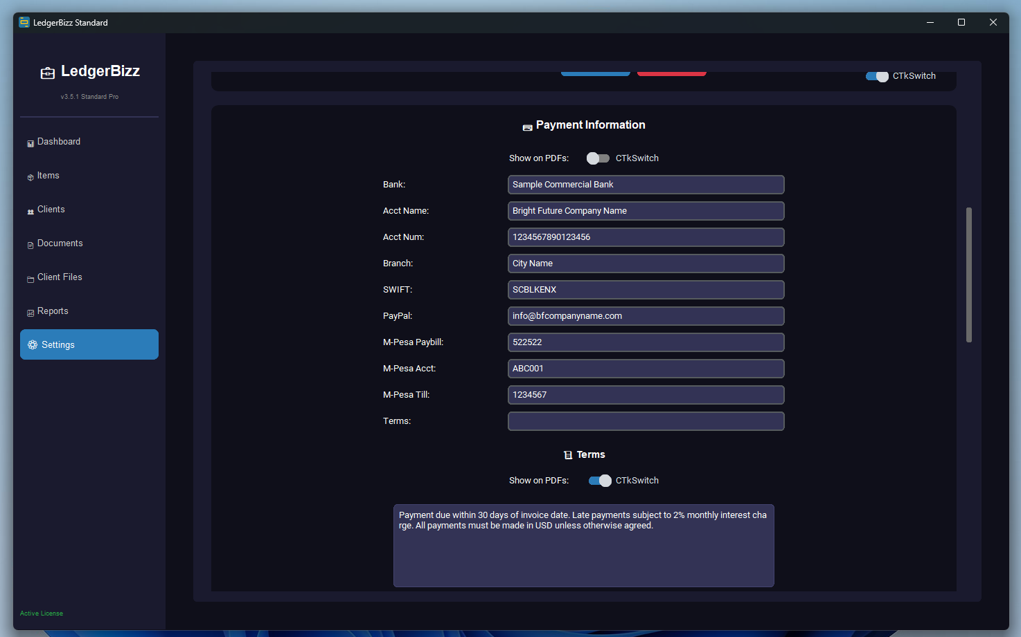 Settings with backup and license