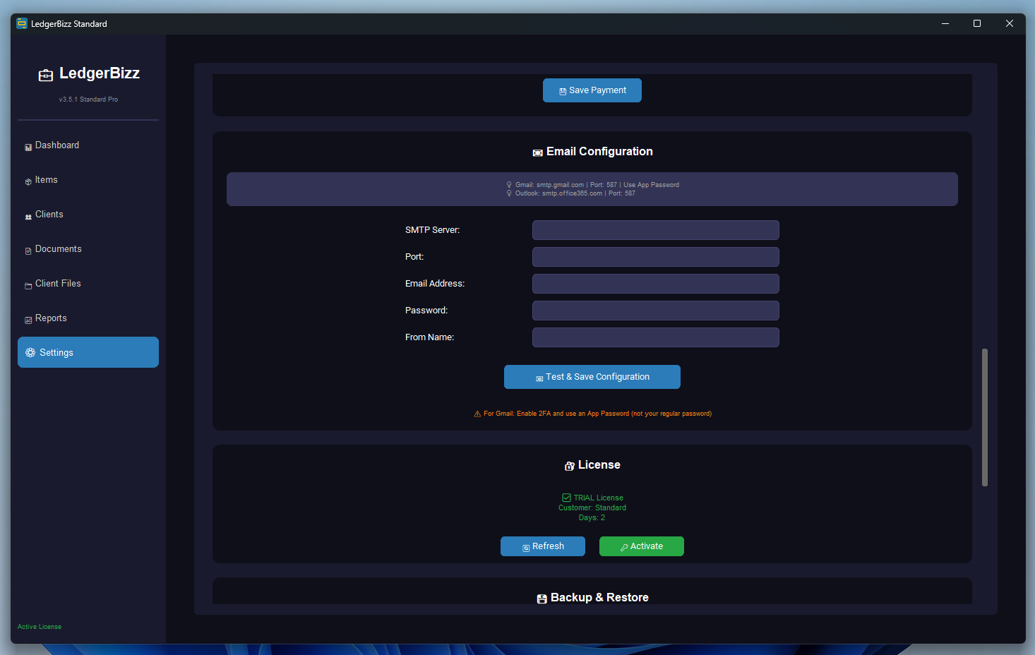 Settings with backup and license