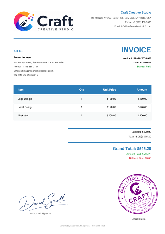 LedgerBizz Standard Dashboard - Professional invoicing interface with client records, payment tracking, and financial reports