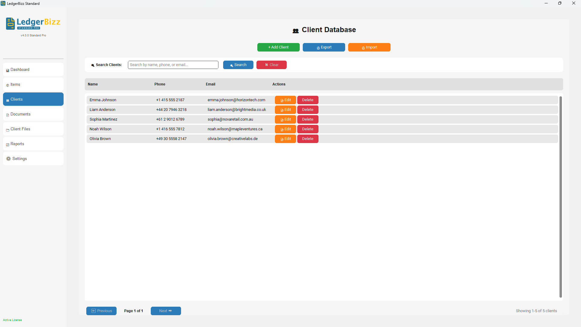LedgerBizz Client Management - Comprehensive client database
