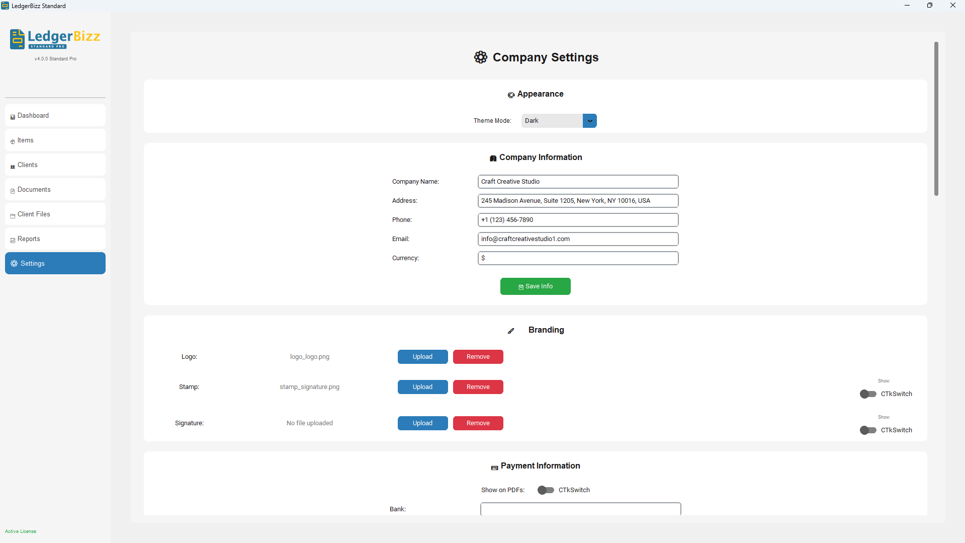 LedgerBizz Settings - SMTP Email and Customization